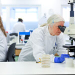 Scientist looking through microscope